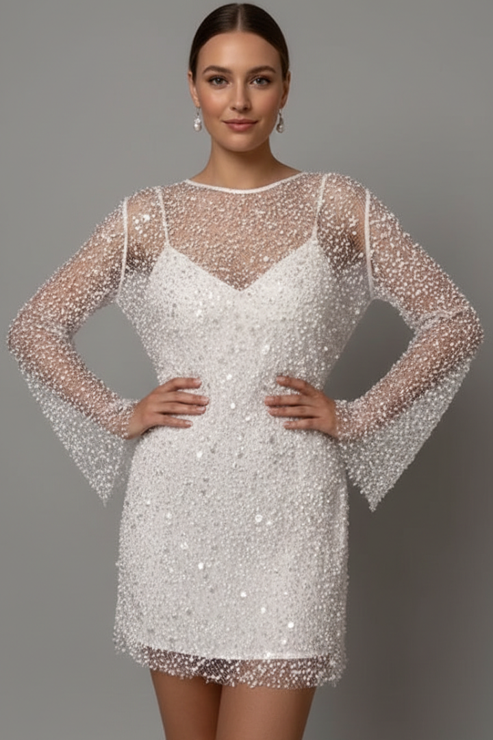 Alexis | Robe Mini Femme Superposée – Manches Longues avec Superposition en Maille Ornée