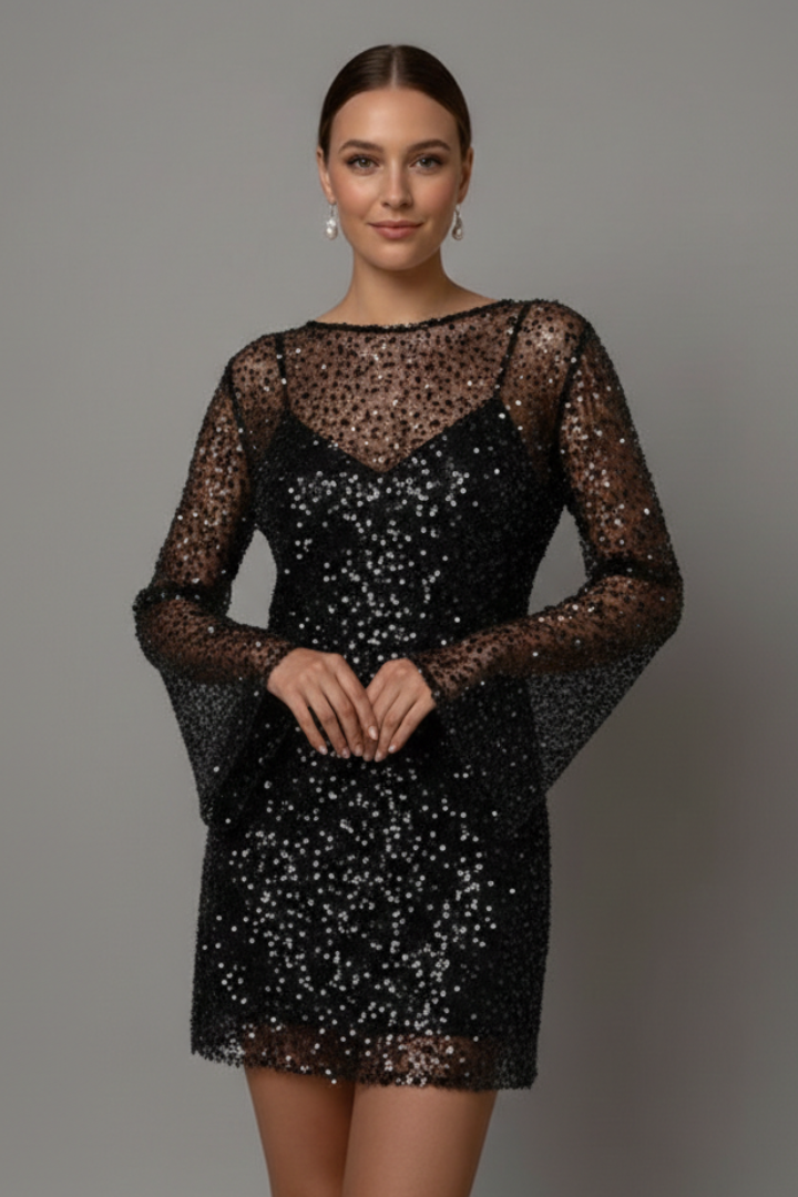 Alexis | Robe Mini Femme Superposée – Manches Longues avec Superposition en Maille Ornée