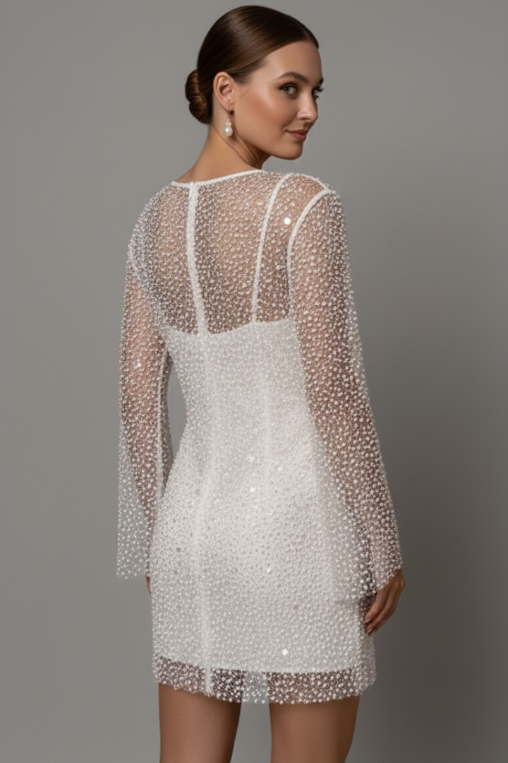 Alexis | Robe Mini Femme Superposée – Manches Longues avec Superposition en Maille Ornée