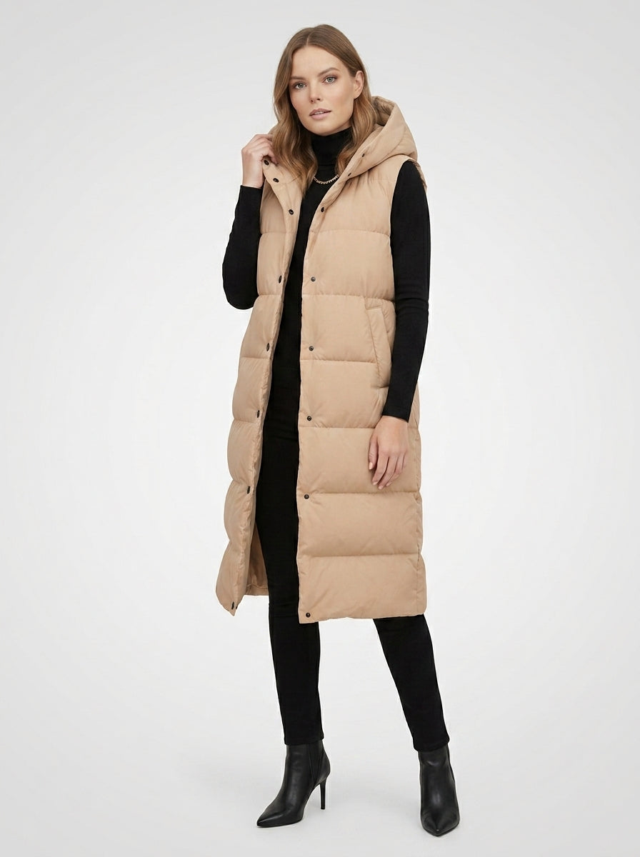 Juno | Gilet long à capuche pour femme – Longueur mi-longue et poches latérales