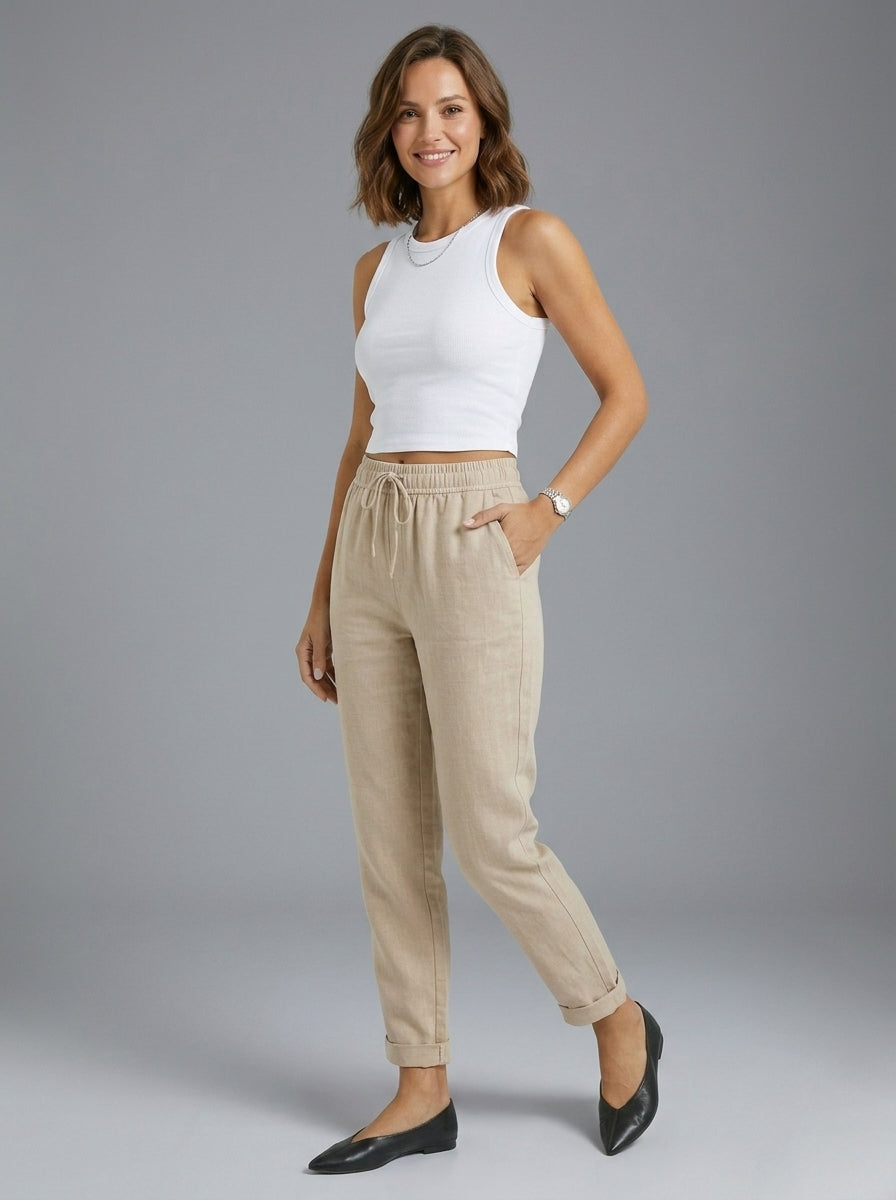 Leonora | Pantalon pour femme en mélange de lin – Pantalon à coupe droite avec taille élastiquée