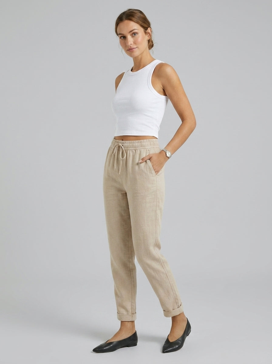 Leonora | Pantalon pour femme en mélange de lin – Pantalon à coupe droite avec taille élastiquée
