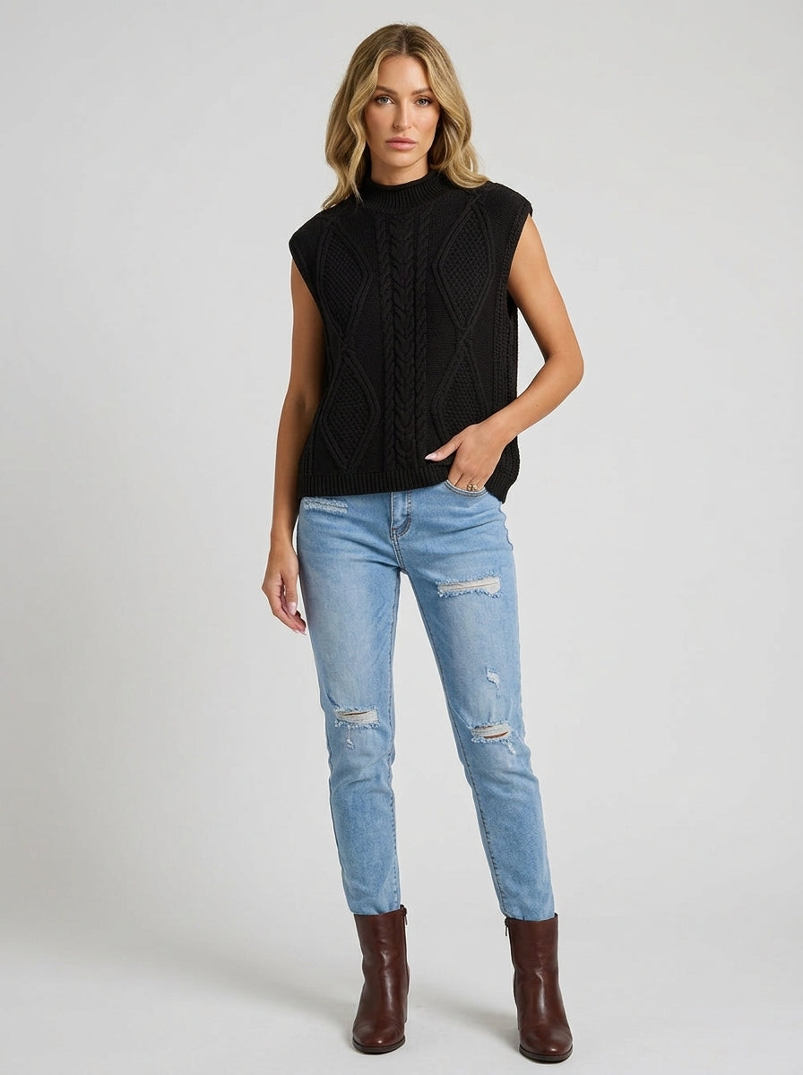 Jessalyn | Gilet en maille torsadée pour femme – Col montant, sans manches, coupe ample