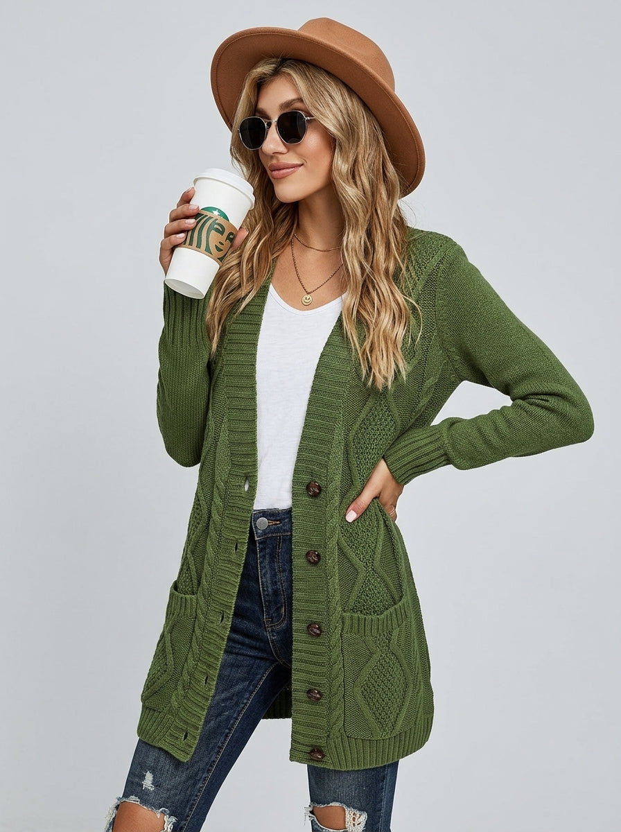 Kalindra | Women's Gray Knit Cardigan – V-Neck Button Front Sweater with Pockets