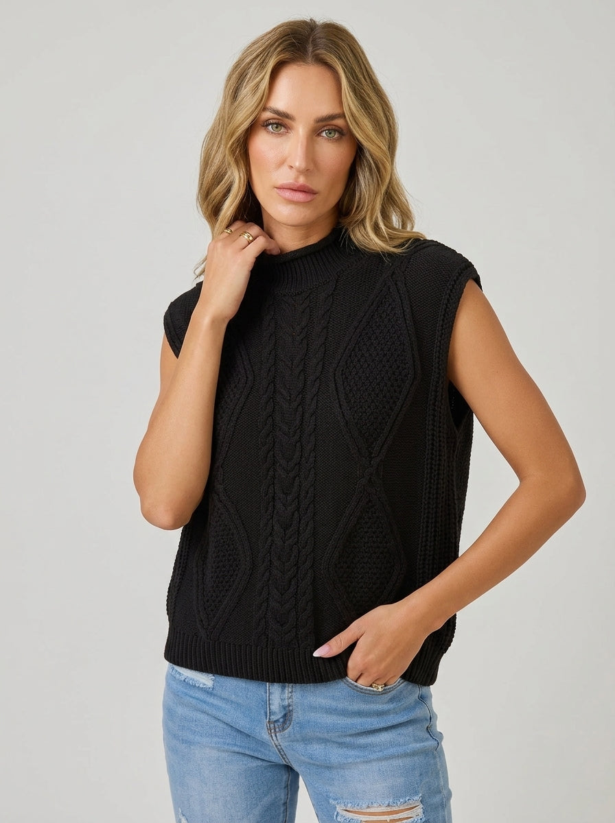 Jessalyn | Gilet en maille torsadée pour femme – Col montant, sans manches, coupe ample