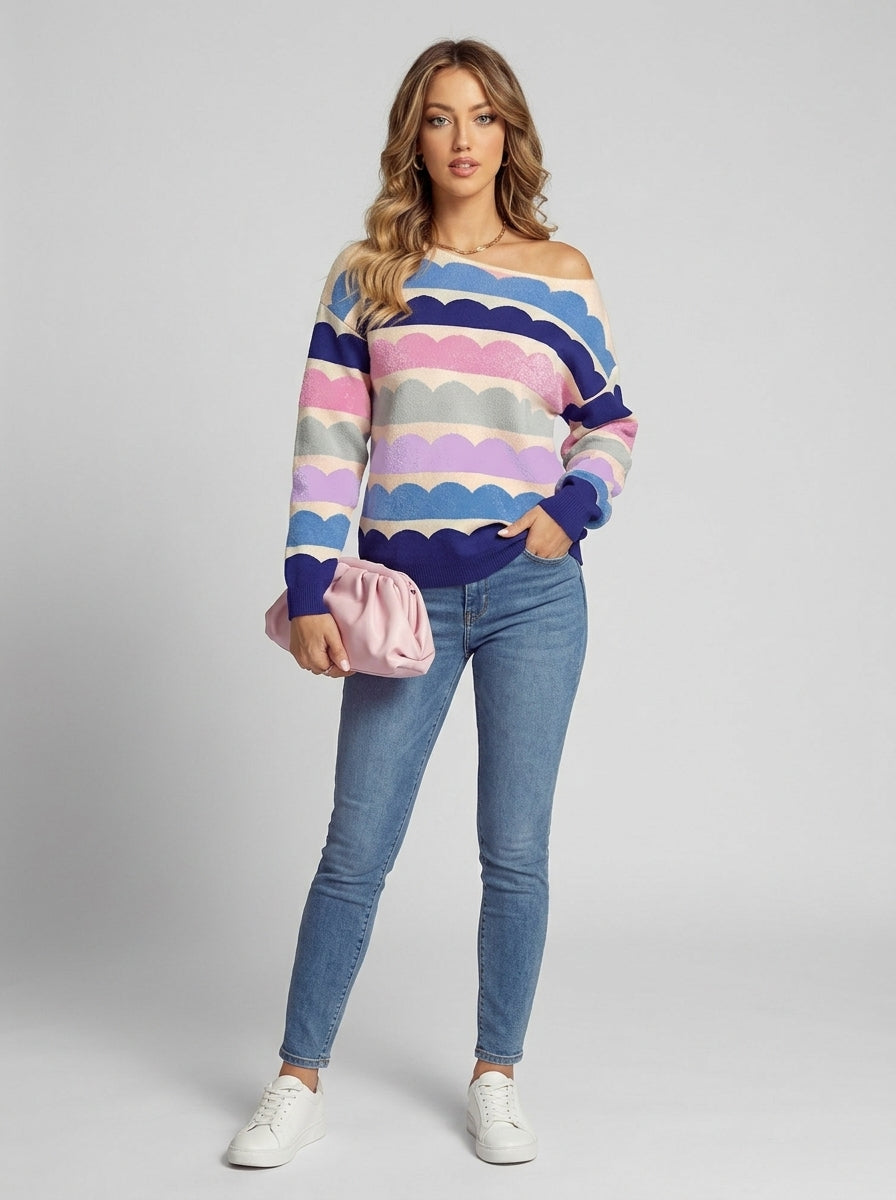 Zarela | Pull à rayures « Wave » pour femme – Manches ballon, col rond, épaules tombantes