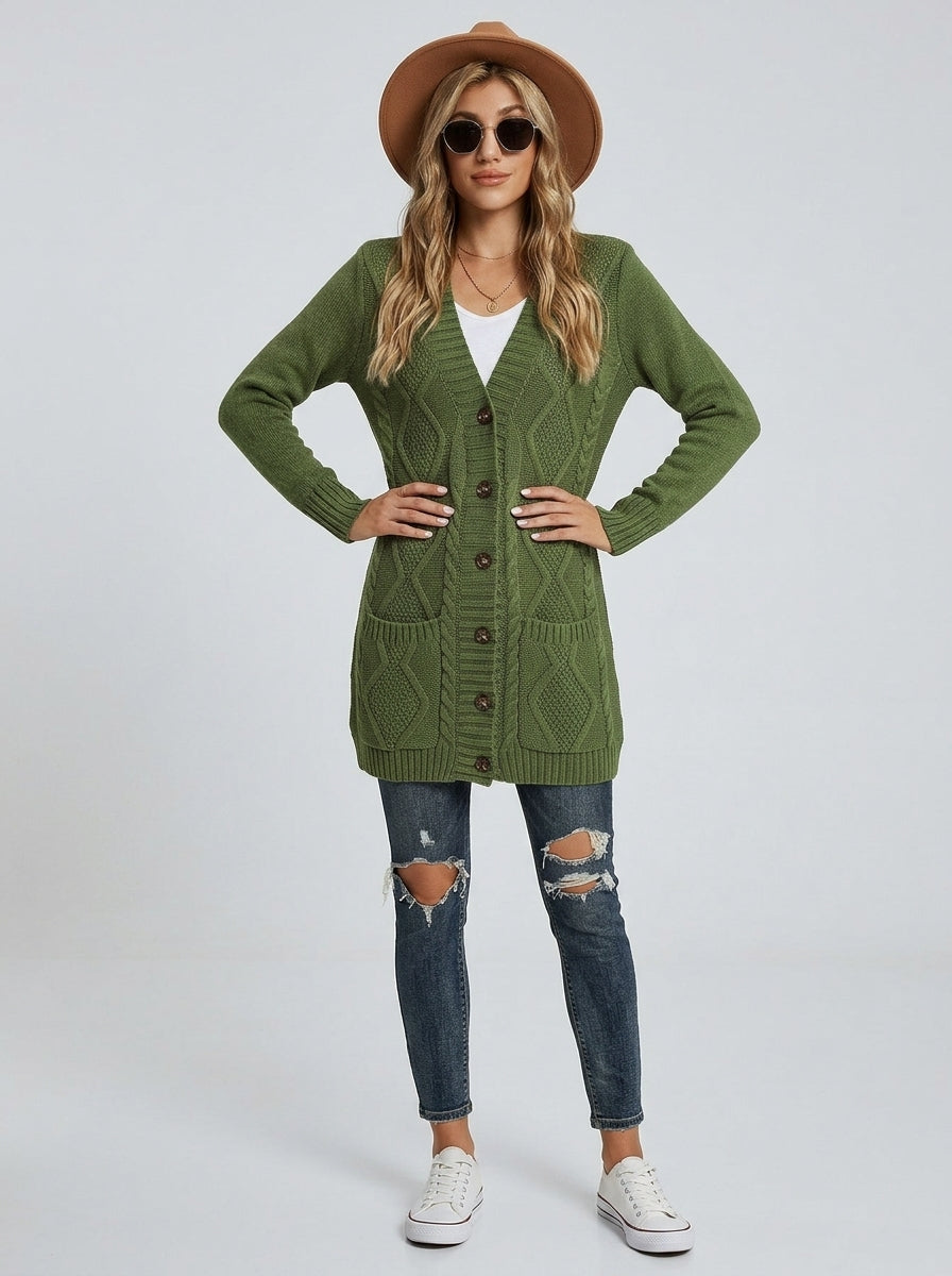 Kalindra | Women's Gray Knit Cardigan – V-Neck Button Front Sweater with Pockets