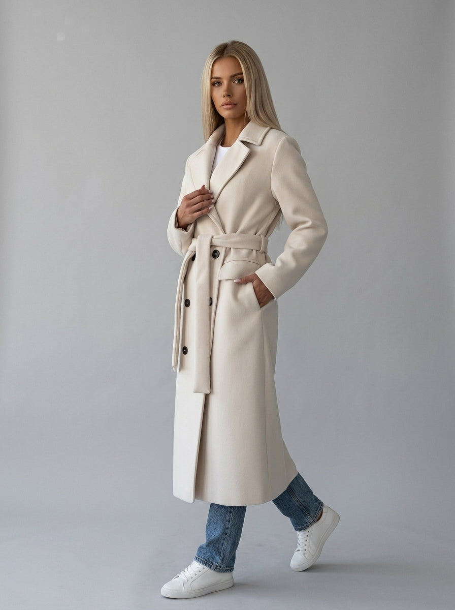 Cosima | Manteau long pour femme – Fermeture croisée, ceinture à la taille, coupe longue