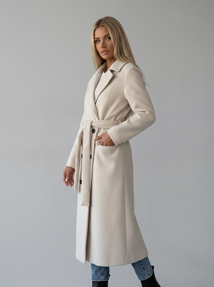 Cosima | Manteau long pour femme – Fermeture croisée, ceinture à la taille, coupe longue