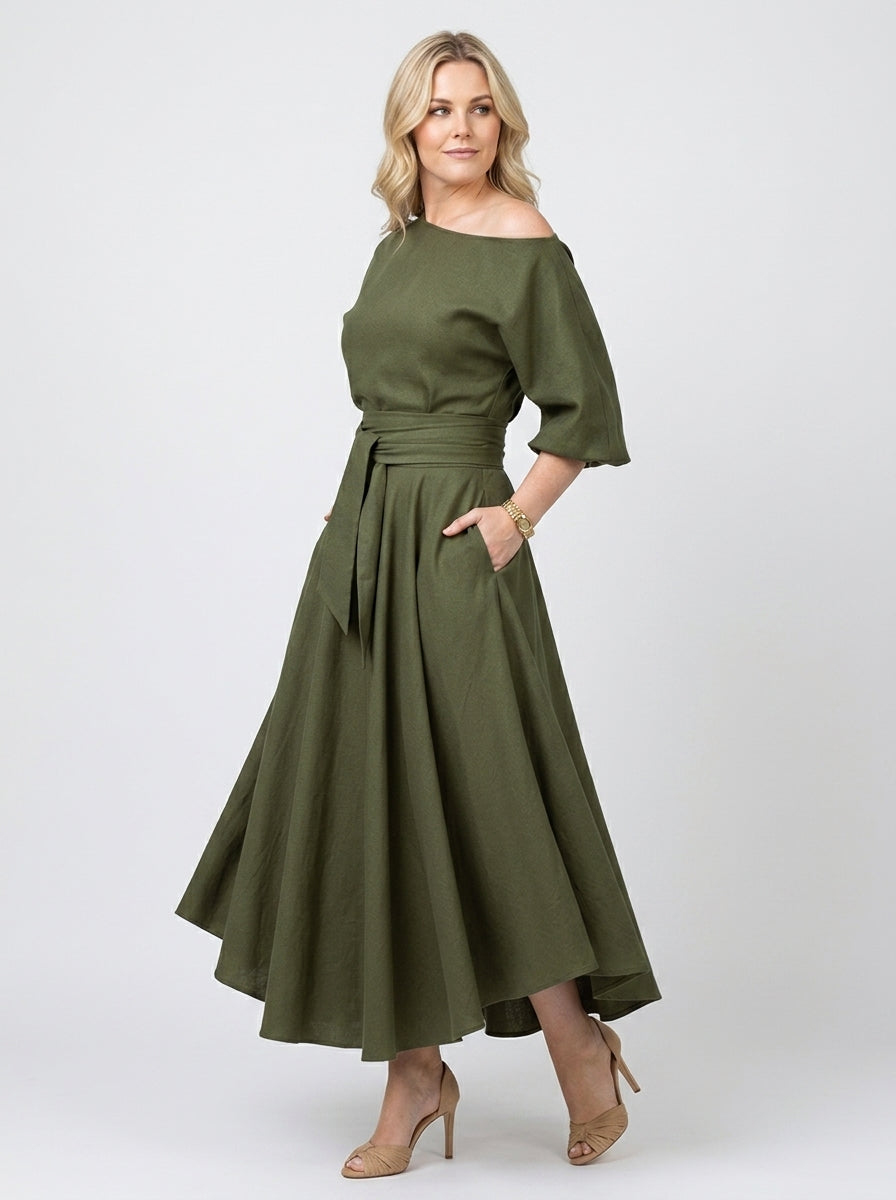 Greylinn | Robe mi-longue à épaules dénudées pour femme, à manches lanterne