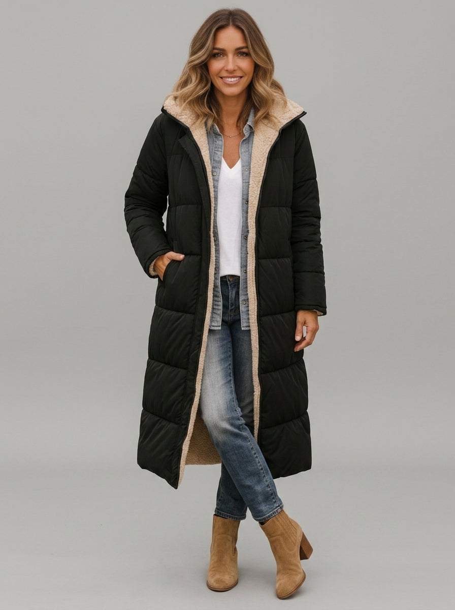 Cailora | Manteau long à capuche pour femme avec fermeture éclair sur toute la longueur à l'avant