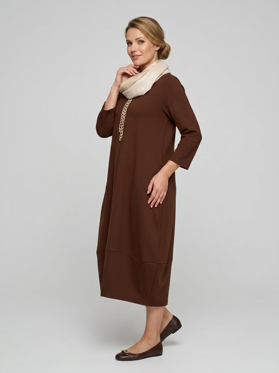 Brinora | Robe midi pour femme à col rond, manches longues et poches latérales