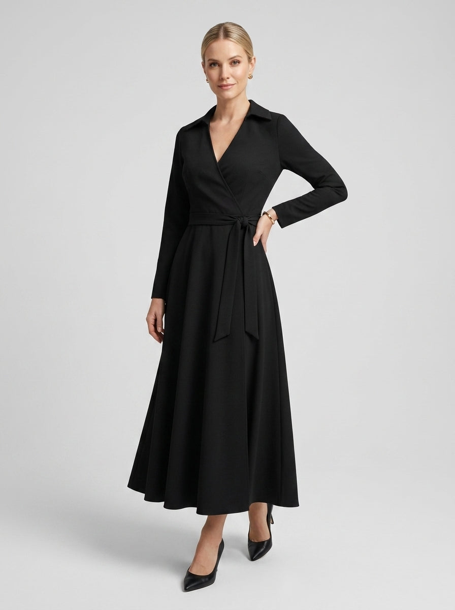 Tressina | Robe midi à col en V pour femme, à manches longues, coupe élégante et style polyvalent