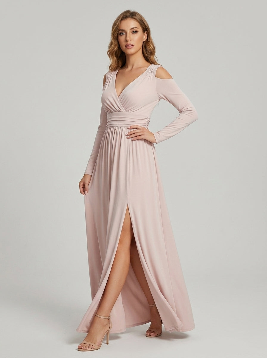 Maristelle | Robe longue pour femme à col en V, manches longues et fente sur le côté