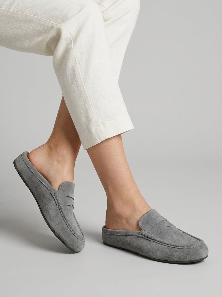 Anara | Mocassins mules pour femmes en daim – Bout rond, chaussures à enfiler pour tous les jours