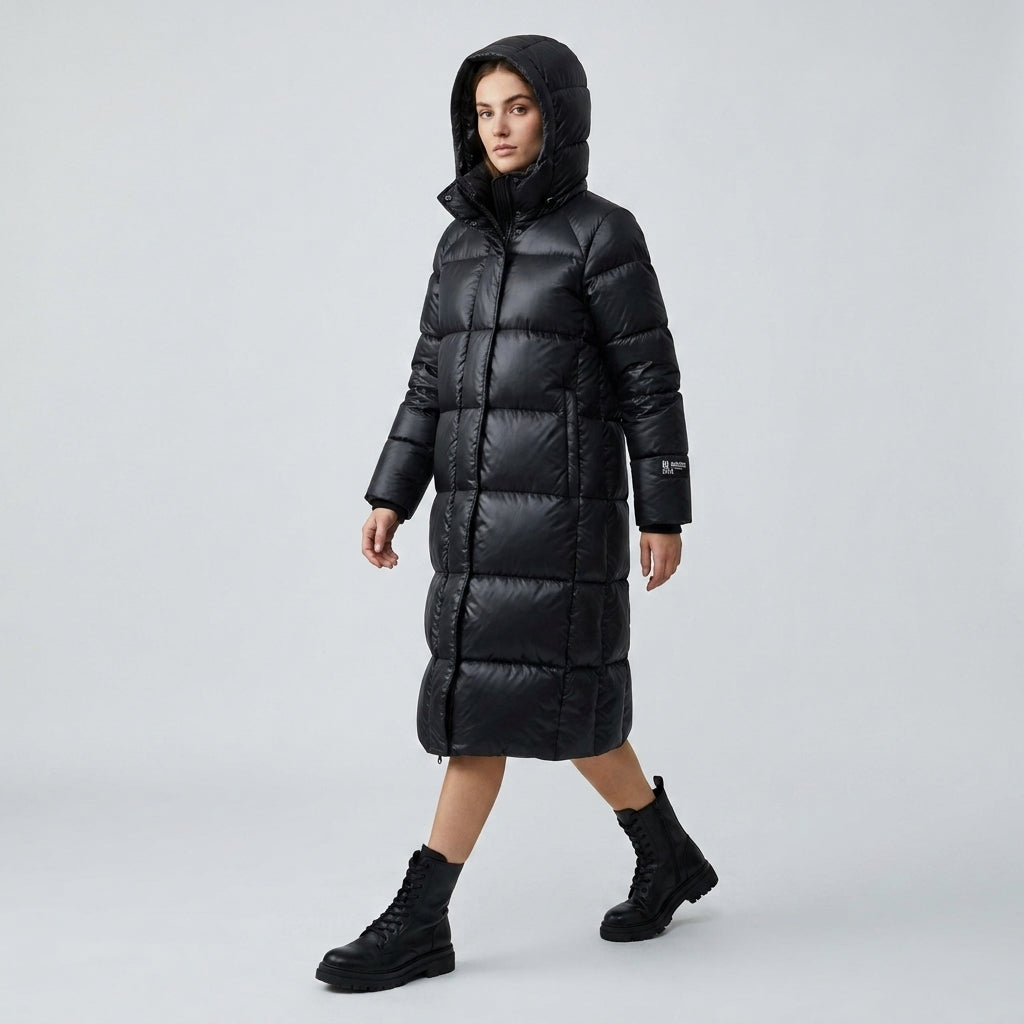 Kalyra | Long manteau matelassé pour femme – Veste à capuche, fermeture zippée et doublure isolante
