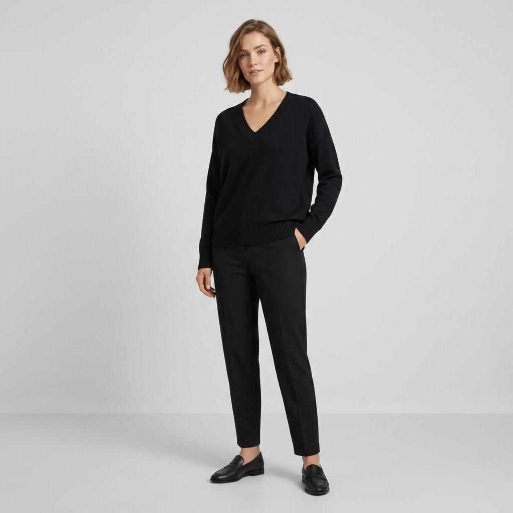Floriana | Pull en maille à col V pour femme – Haut à manches longues avec ourlet droit