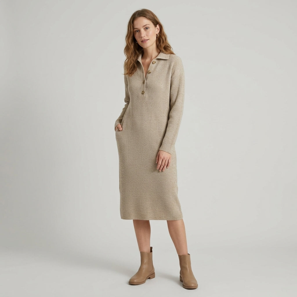 Elysiane | Robe Pull en Maille Côtelée pour Femme – Robe à Manches Longues Mi-Longue
