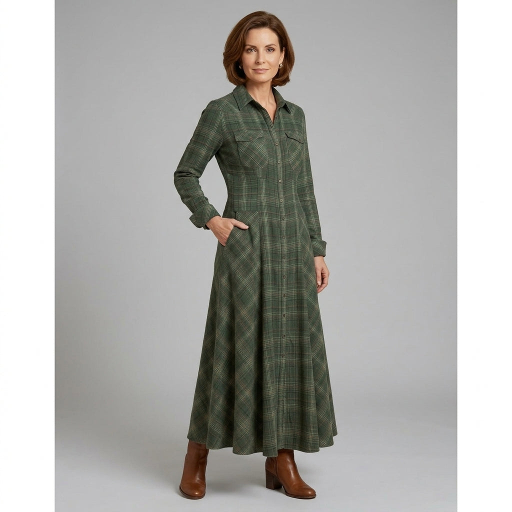 Calyra | Robe Longue à Carreaux pour Femme – Robe Chemise Boutonnée avec Col