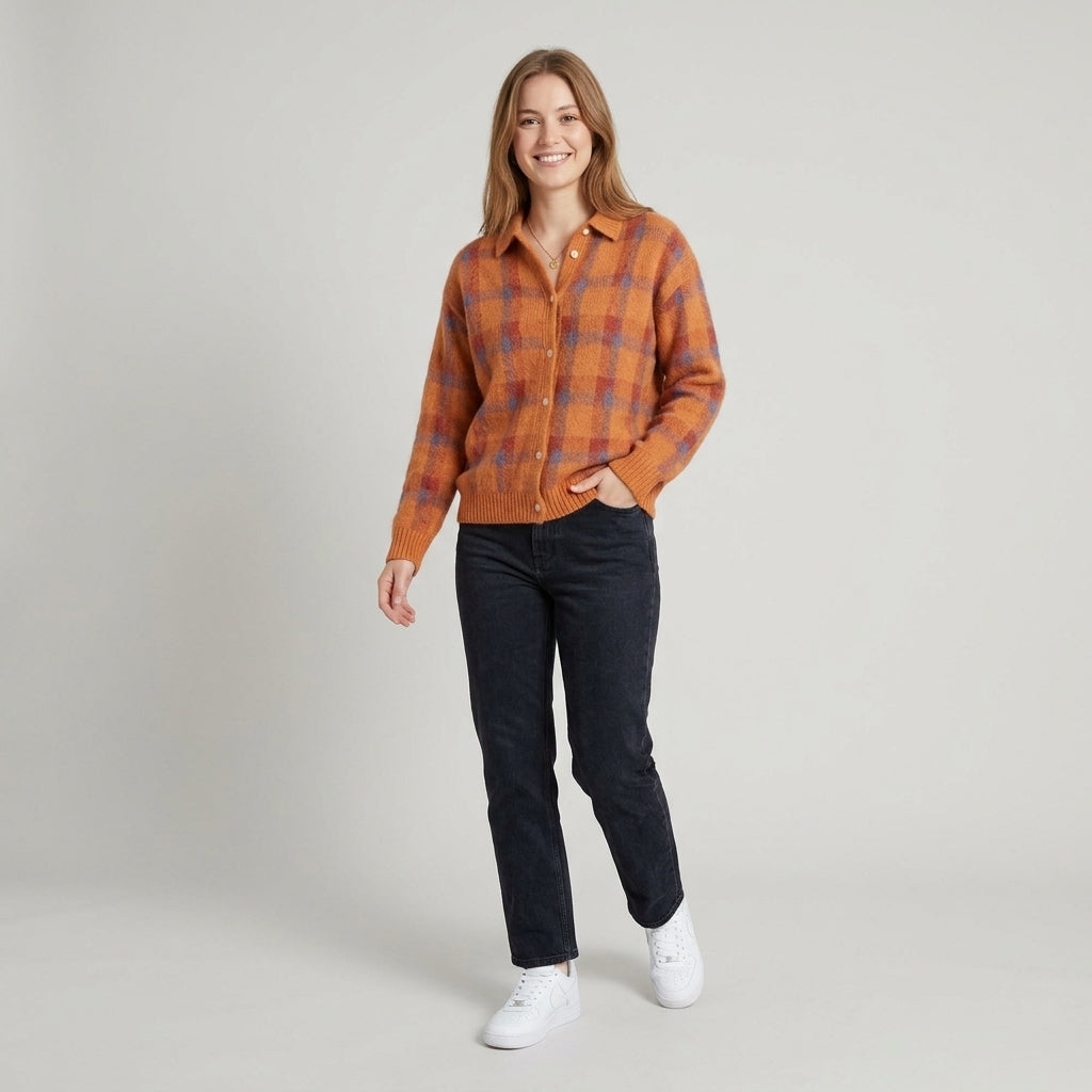 Alouette | Cardigan à carreaux pour femme – Boutonné sur le devant, manches longues
