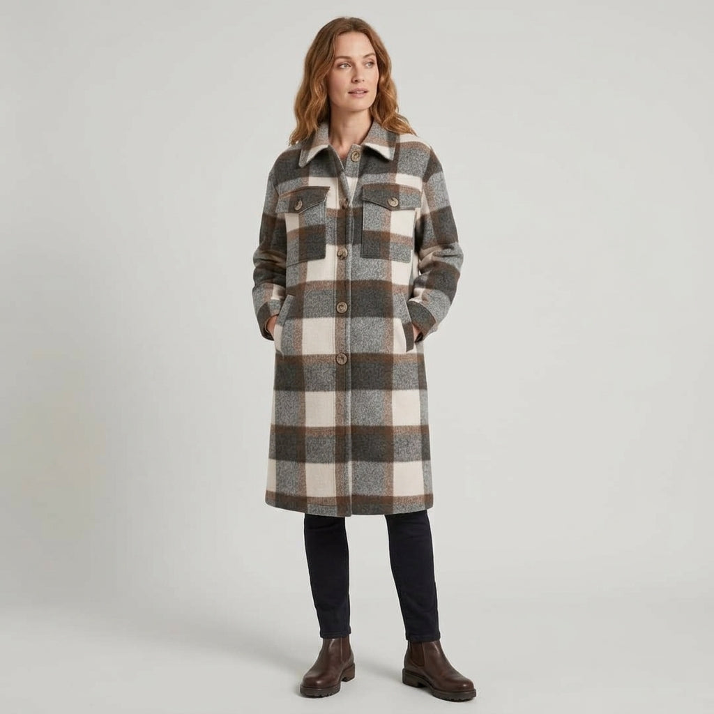 Delara | Manteau long à carreaux pour femme – Fermeture à boutons sur le devant