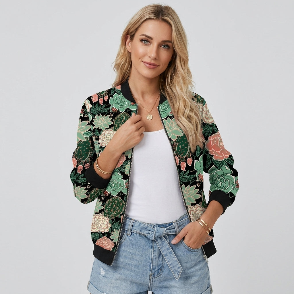 Yveria | Blouson aviateur à imprimé floral pour femme – Coupe courte, fermeture à glissière sur le devant