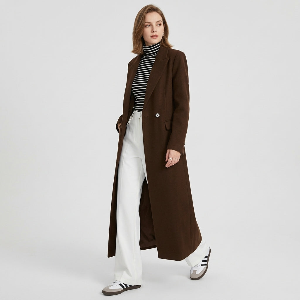 Evania | Manteau long pour femme en mélange de laine – Coupe à double boutonnage