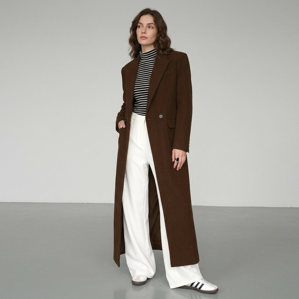 Evania | Manteau long pour femme en mélange de laine – Coupe à double boutonnage