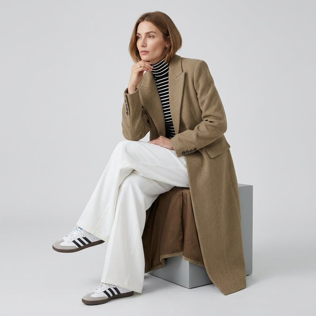 Evania | Manteau long pour femme en mélange de laine – Coupe à double boutonnage