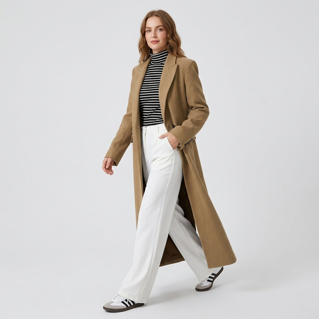 Evania | Manteau long pour femme en mélange de laine – Coupe à double boutonnage