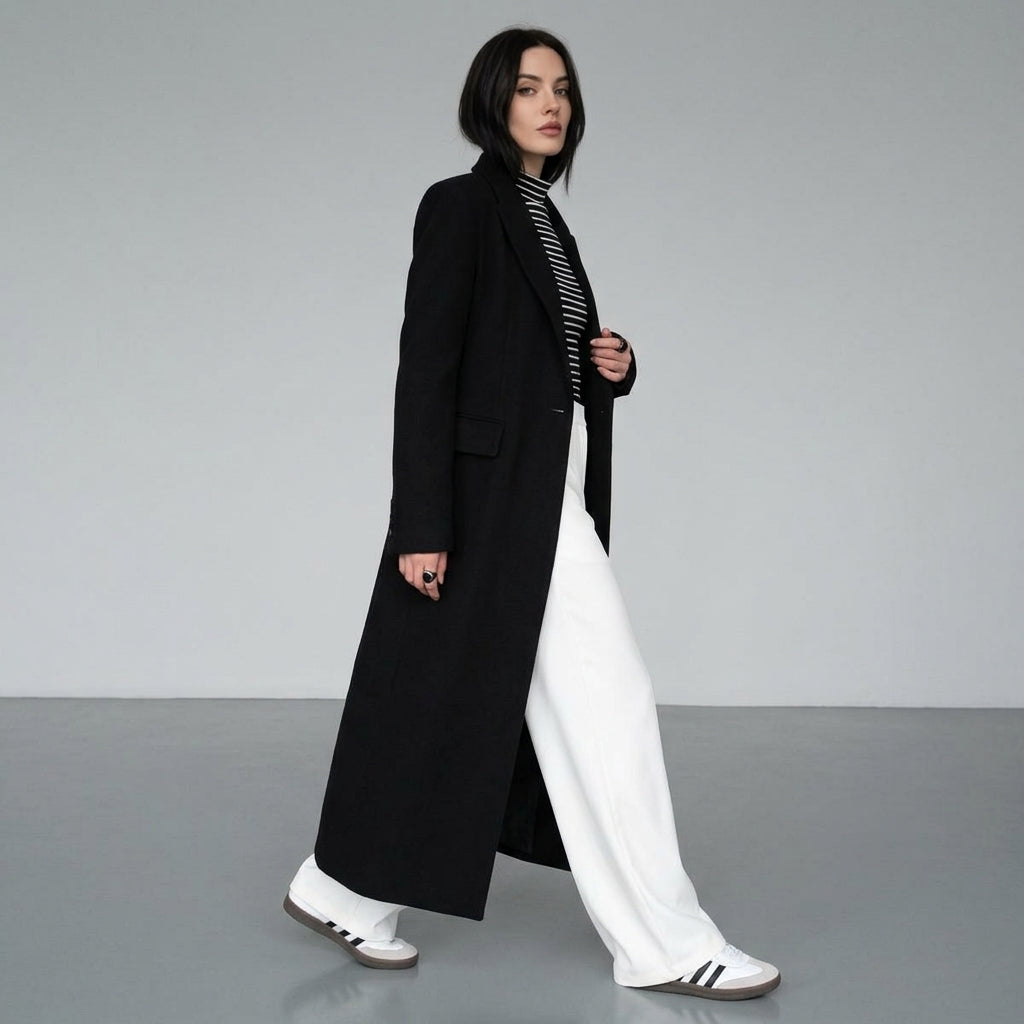 Evania | Manteau long pour femme en mélange de laine – Coupe à double boutonnage