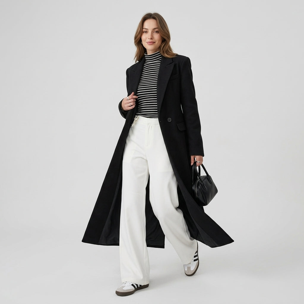 Evania | Manteau long pour femme en mélange de laine – Coupe à double boutonnage