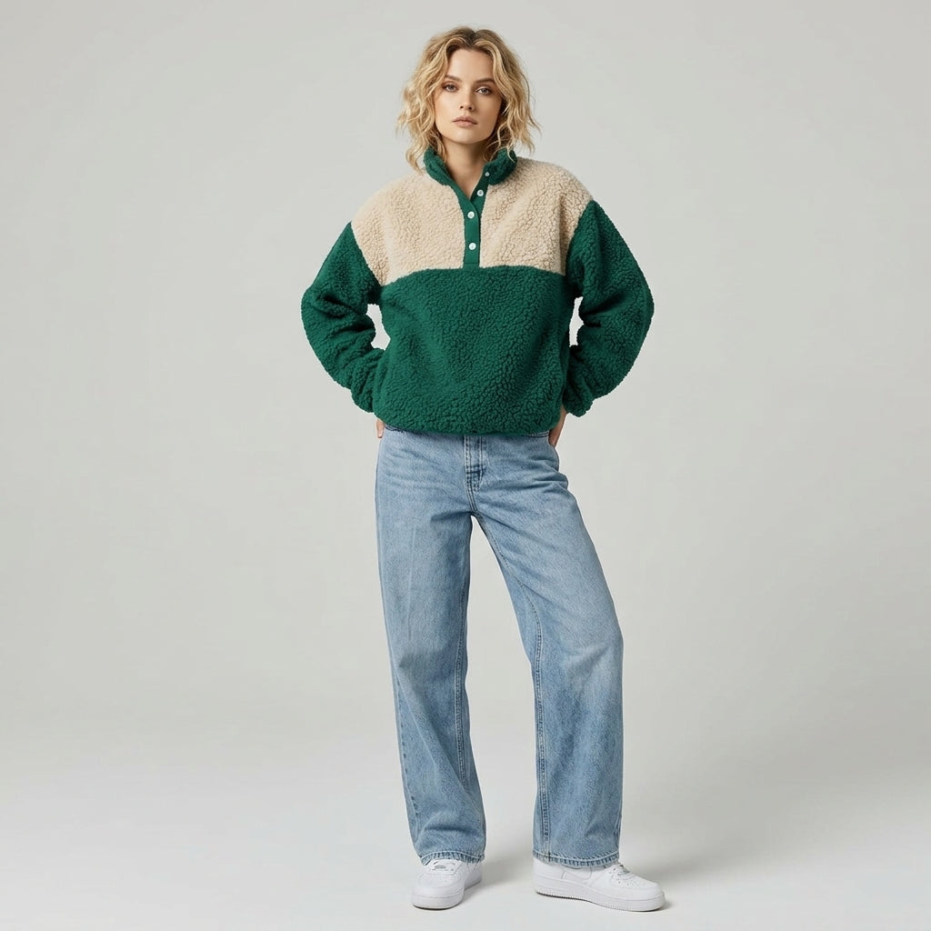 Celestria | Sweat-shirt en molleton pour femme à blocs de couleur – Modèle à demi-boutons