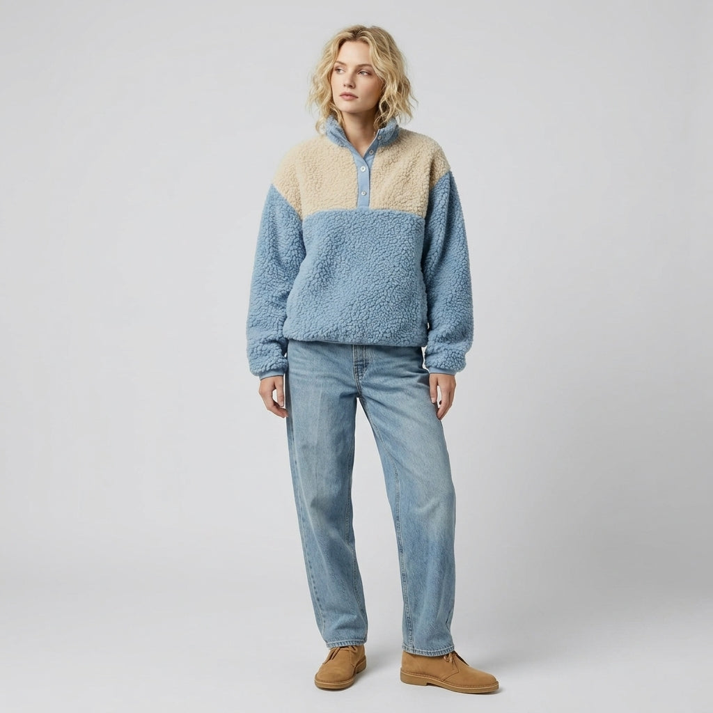 Celestria | Sweat-shirt en molleton pour femme à blocs de couleur – Modèle à demi-boutons