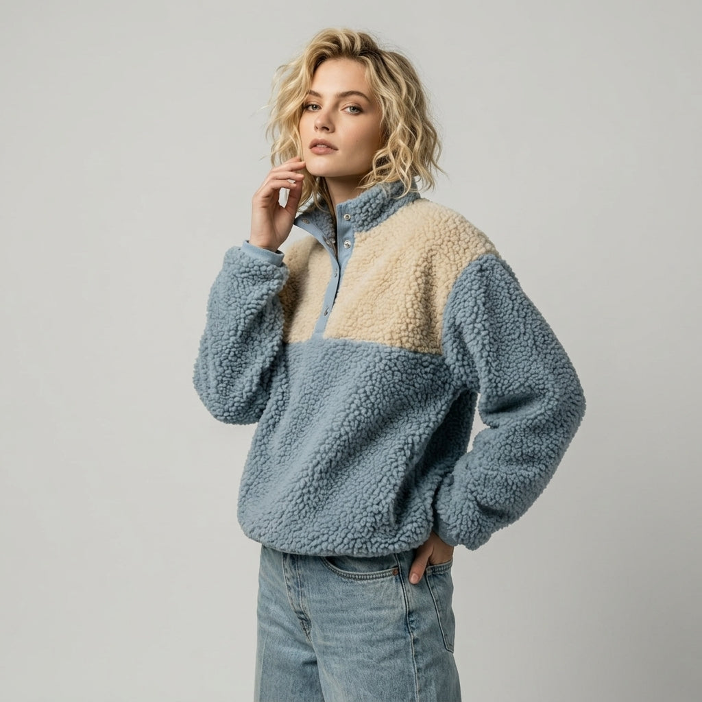 Celestria | Sweat-shirt en molleton pour femme à blocs de couleur – Modèle à demi-boutons