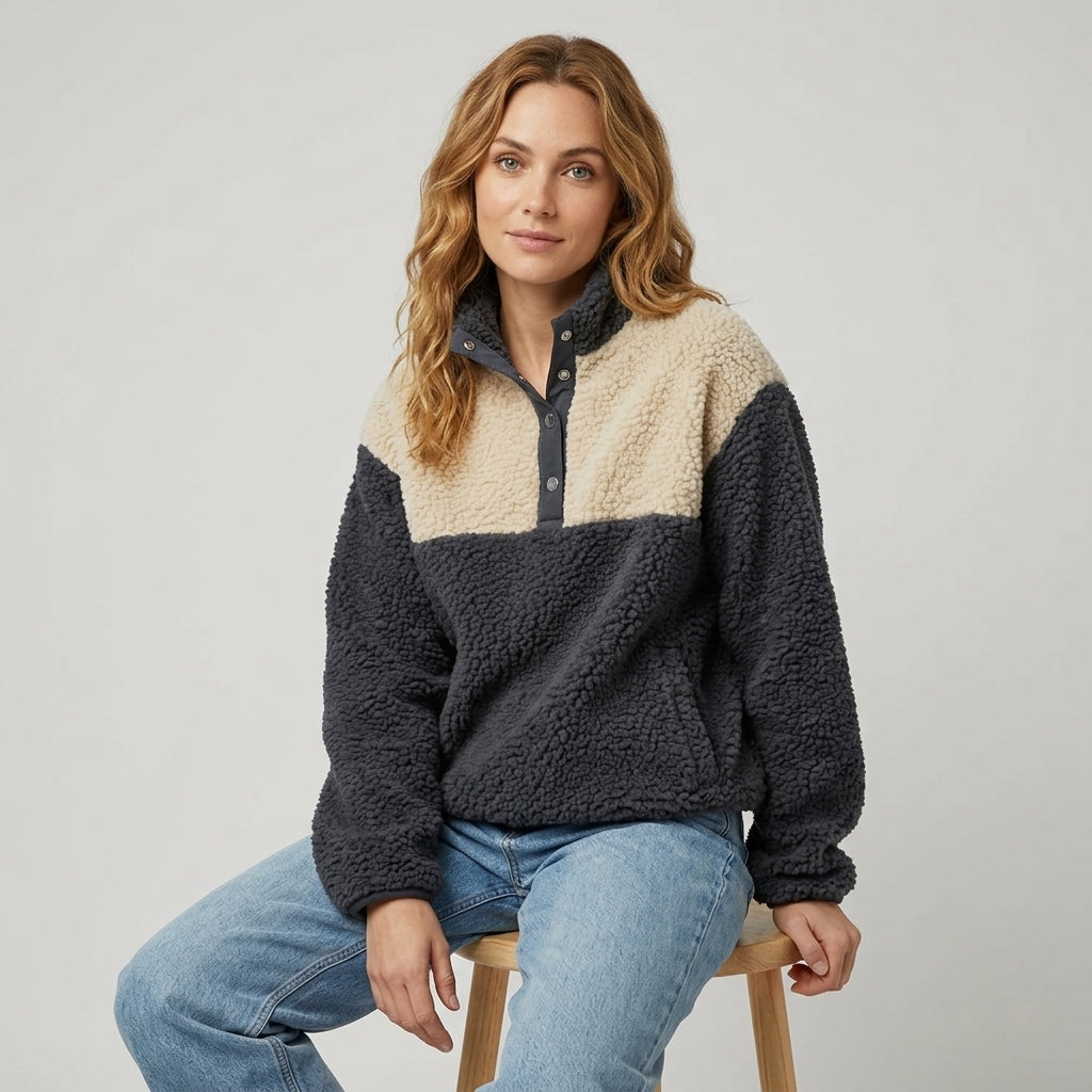 Celestria | Sweat-shirt en molleton pour femme à blocs de couleur – Modèle à demi-boutons