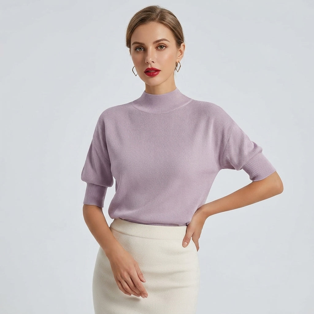 Halenora | Haut texturé pour femme – Couleur unie, col montant