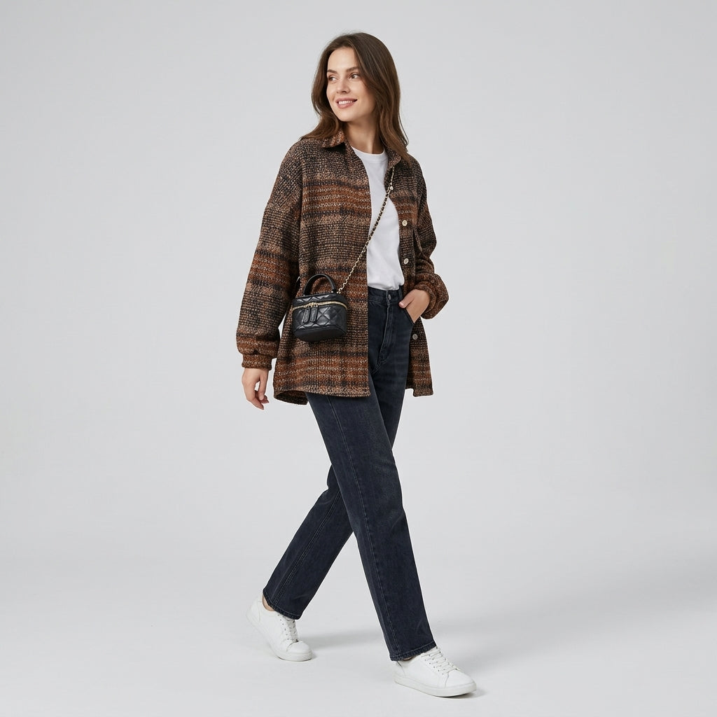Seralyn | Manteau en tweed à carreaux pour femme – Veste mi-longue boutonnée sur le devant