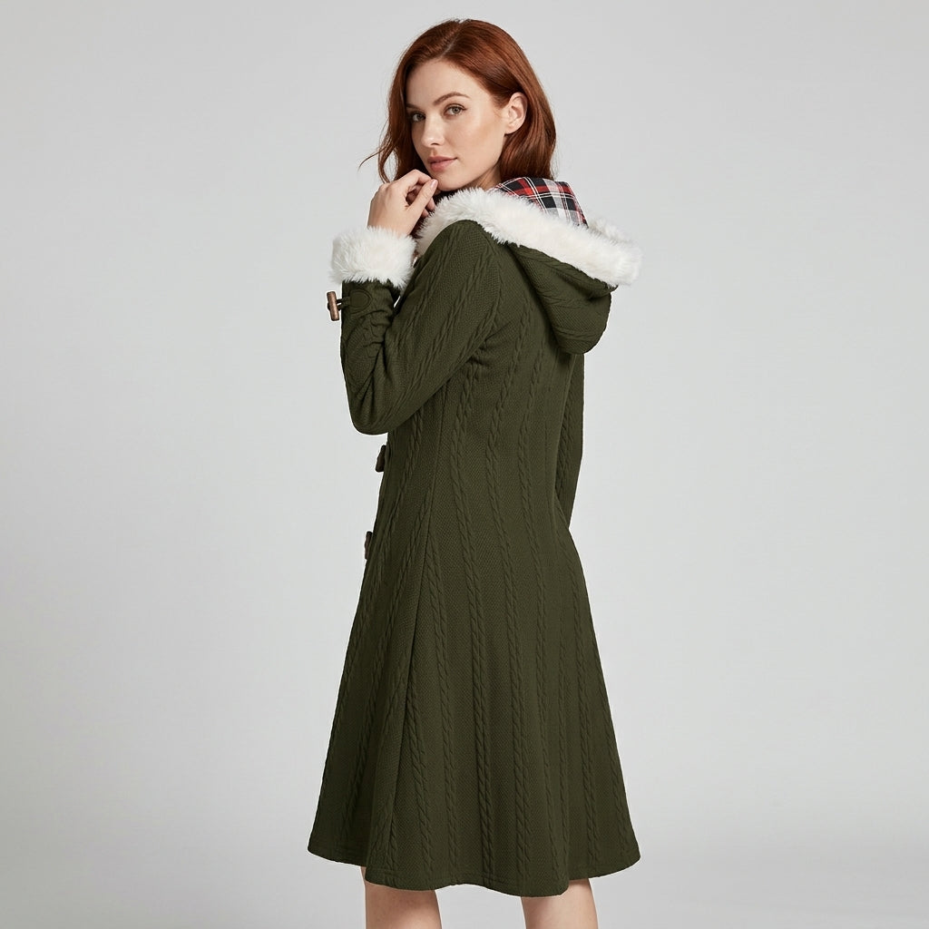 Nyxara | Manteau à capuche pour femme, motif écossais et patchwork – Fermeture à boutons sur le devant