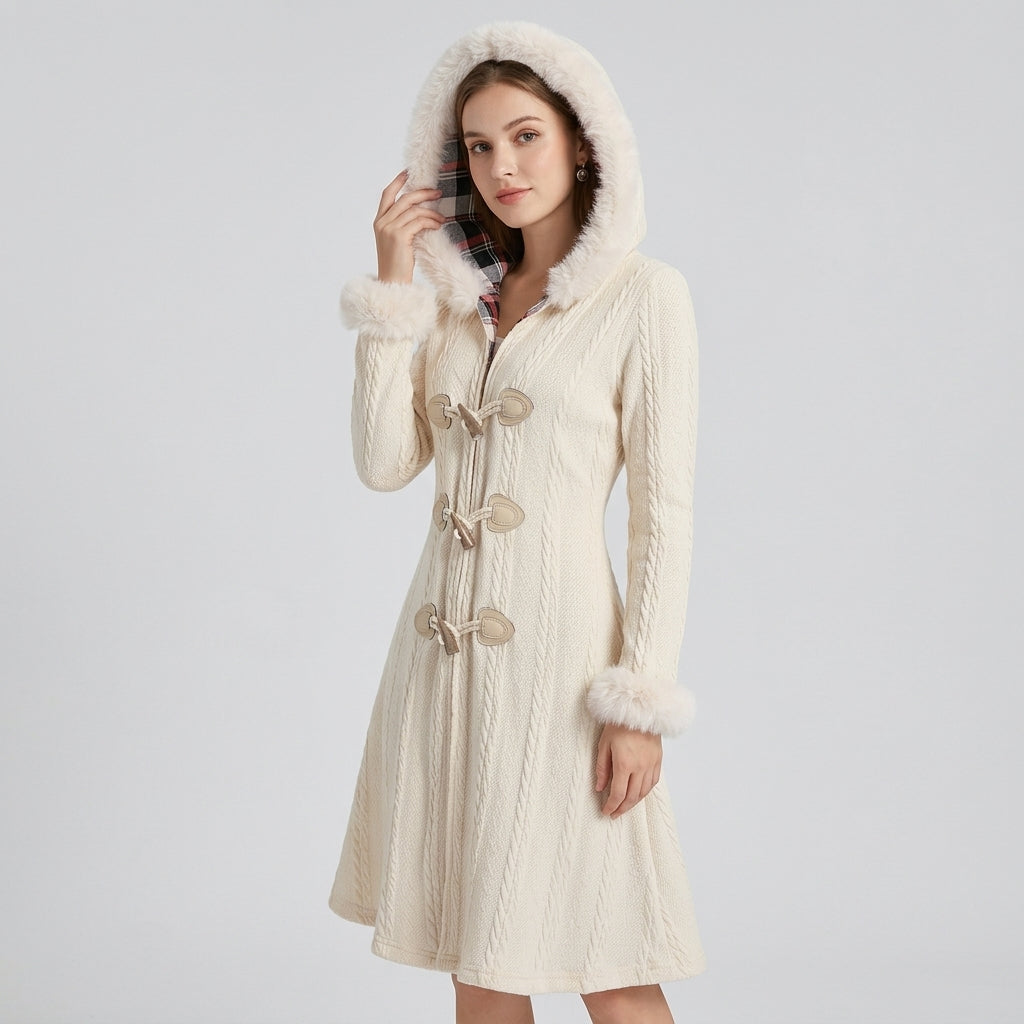Nyxara | Manteau à capuche pour femme, motif écossais et patchwork – Fermeture à boutons sur le devant