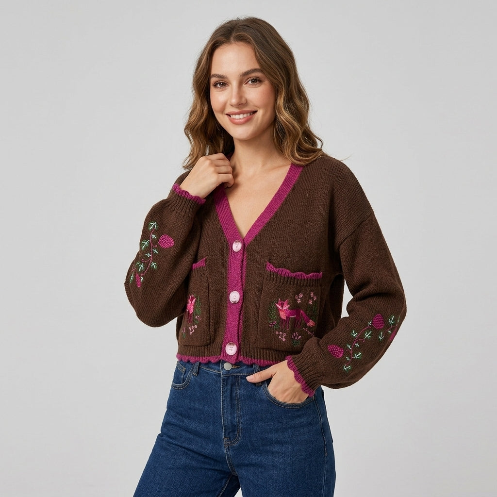 Elsinne | Cardigan pour femme à blocs de couleur – Motif renard brodé
