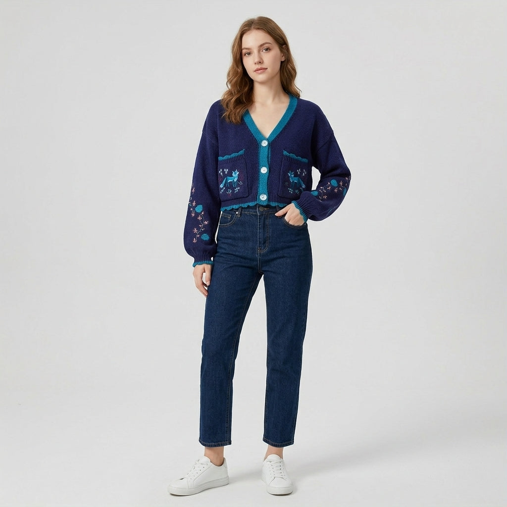 Elsinne | Cardigan pour femme à blocs de couleur – Motif renard brodé