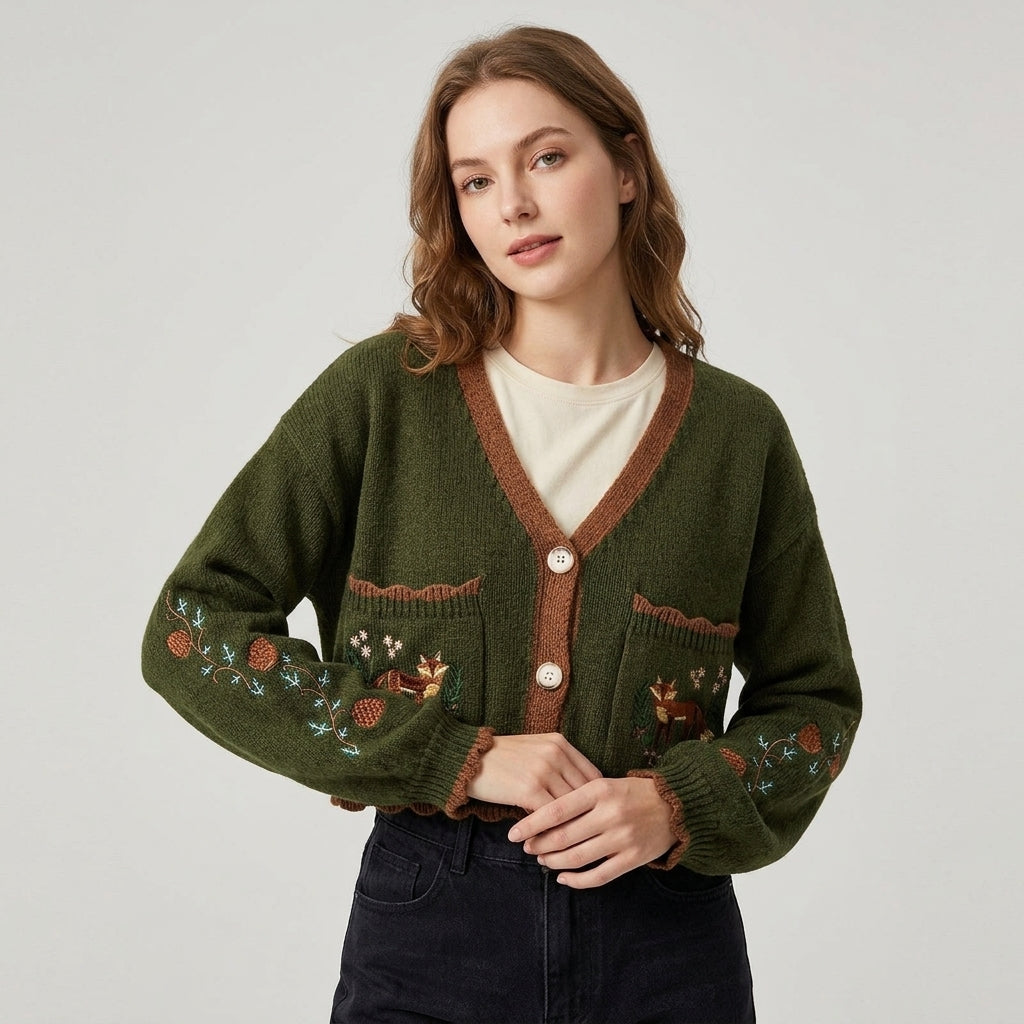 Elsinne | Cardigan pour femme à blocs de couleur – Motif renard brodé