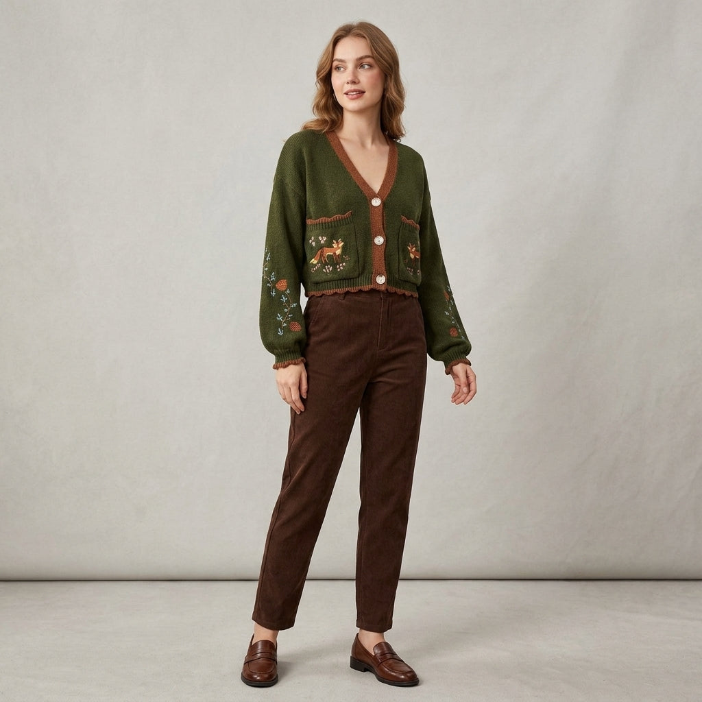 Elsinne | Cardigan pour femme à blocs de couleur – Motif renard brodé
