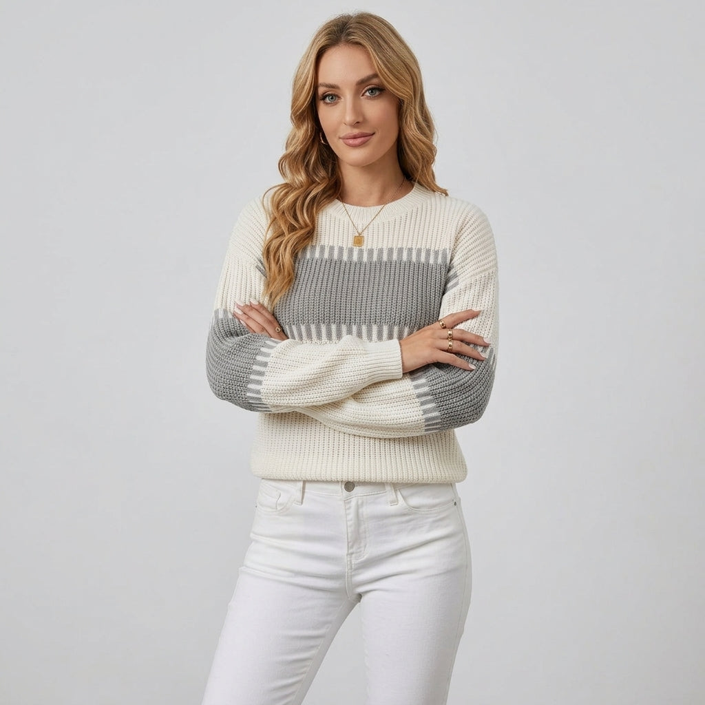 Vaelina | Pull rayé à épaules dénudées pour femme – manches longues