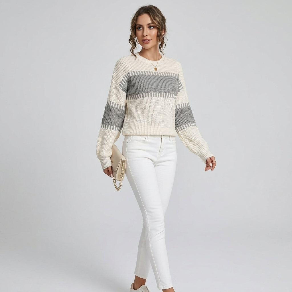 Vaelina | Pull rayé à épaules dénudées pour femme – manches longues