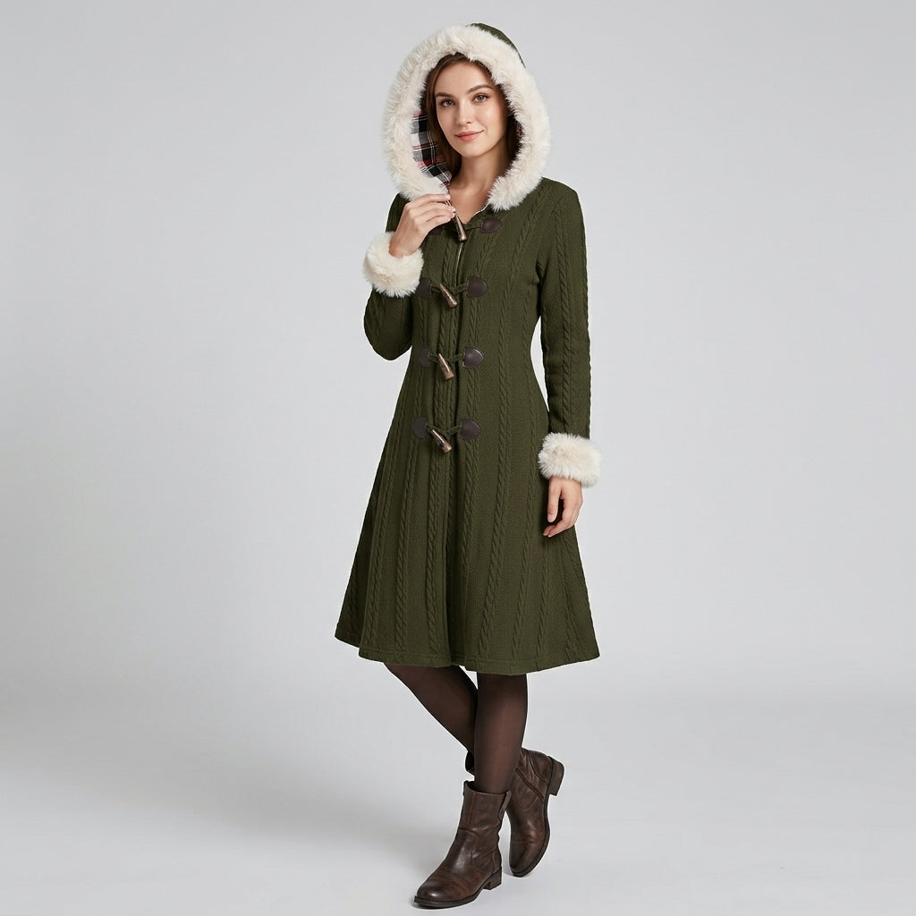 Nyxara | Manteau à capuche pour femme, motif écossais et patchwork – Fermeture à boutons sur le devant
