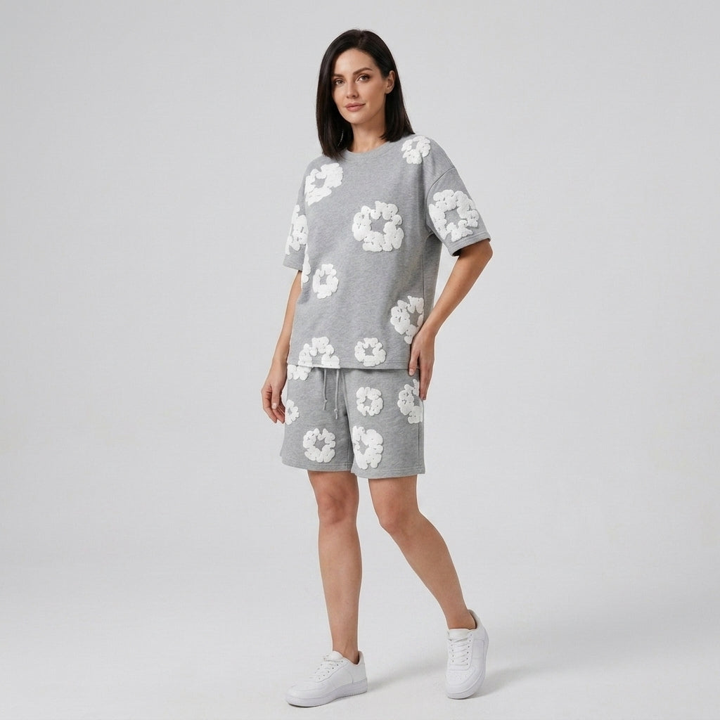 Émeline | Ensemble 2 pièces pour femme avec short en coton – Imprimé floral en 3D, tenue estivale décontractée