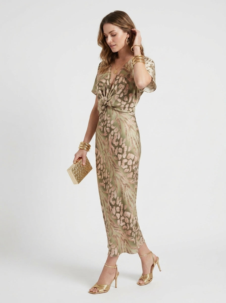 Juniper | Robe mi-longue à fleurs pour femme – Robe plissée à col en V et manches courtes