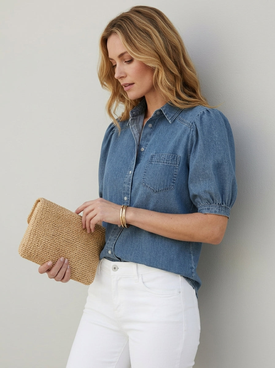Lyra | Chemise en jean pour femme – Chemisier à col et manches bouffantes
